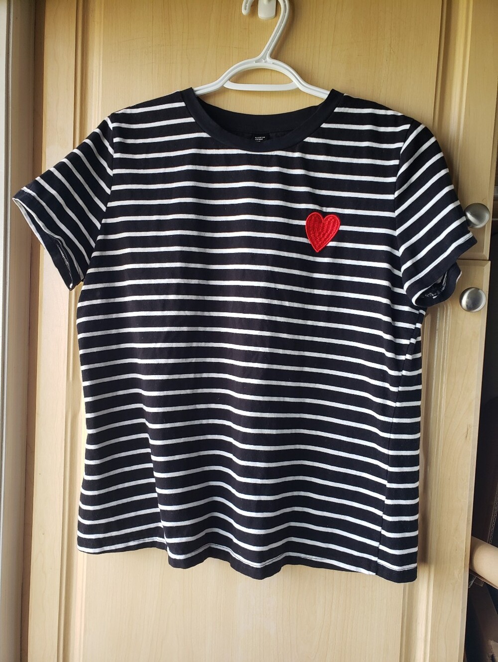 SHEIN Cotton Black & White Striped Tee with Red Heart Patch